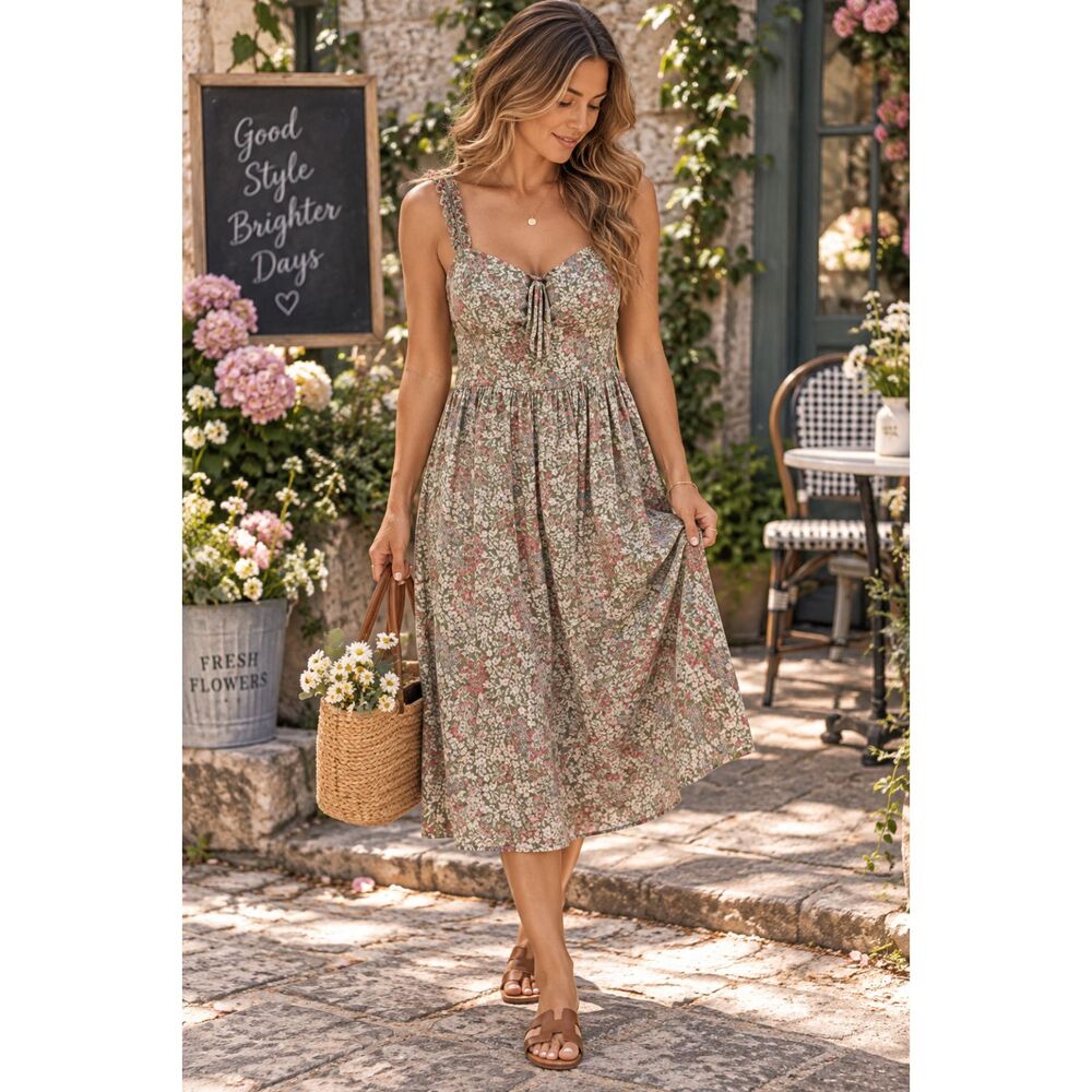AUW Womens M Sage Floral 100% Rayon Midi Dress Ruffle Strap Cottagecore